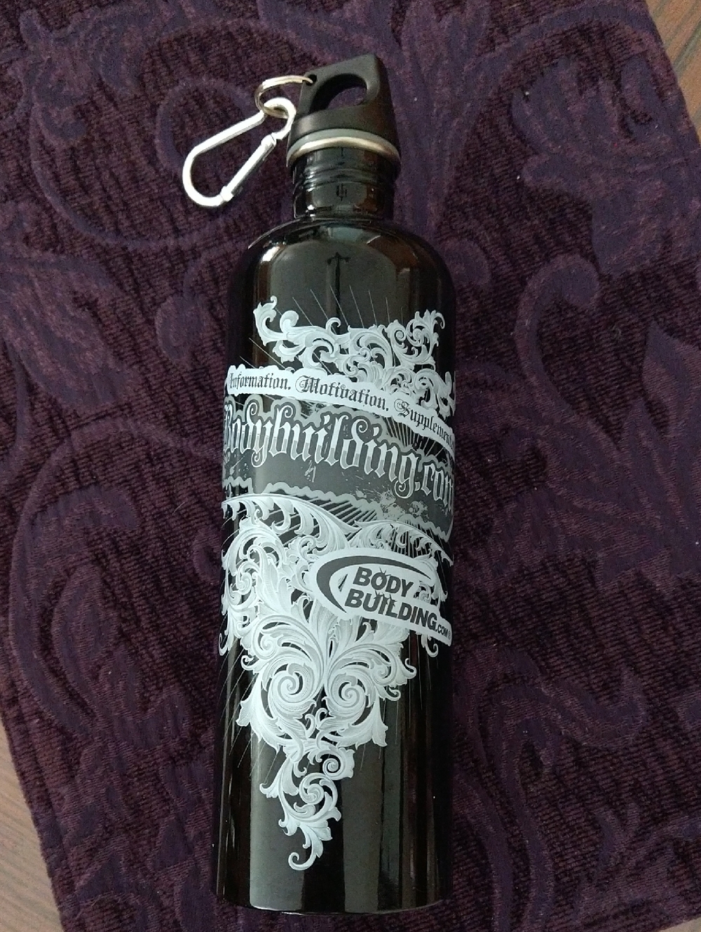 NWOT BodyBuilding.com Black Metal Water Bottle with White Graphic